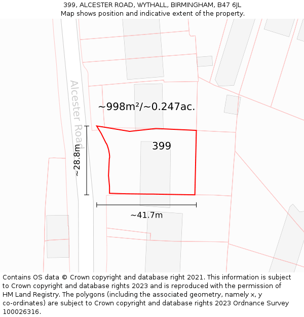 399, ALCESTER ROAD, WYTHALL, BIRMINGHAM, B47 6JL: Plot and title map