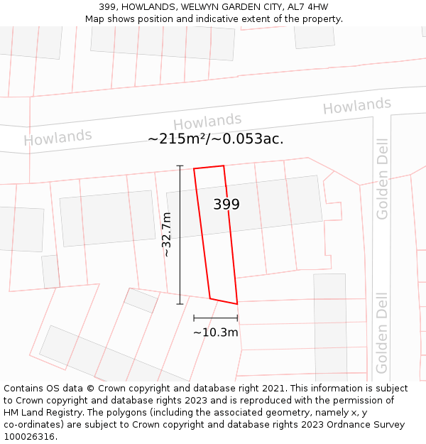 399, HOWLANDS, WELWYN GARDEN CITY, AL7 4HW: Plot and title map