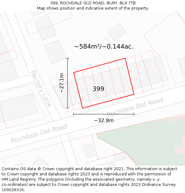 399, ROCHDALE OLD ROAD, BURY, BL9 7TB: Plot and title map