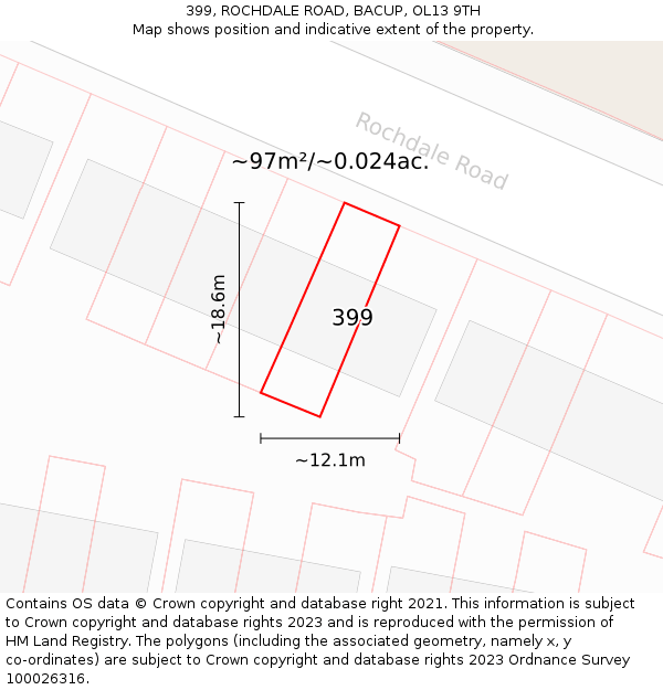399, ROCHDALE ROAD, BACUP, OL13 9TH: Plot and title map