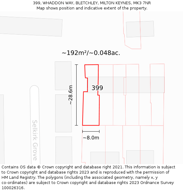 399, WHADDON WAY, BLETCHLEY, MILTON KEYNES, MK3 7NR: Plot and title map