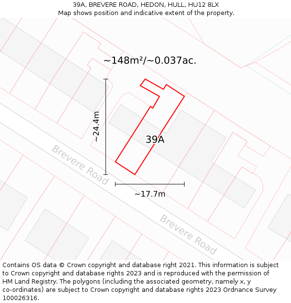 39A, BREVERE ROAD, HEDON, HULL, HU12 8LX: Plot and title map