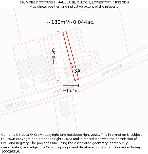 3A, MOBBS COTTAGES, HALL LANE, OULTON, LOWESTOFT, NR32 5DH: Plot and title map
