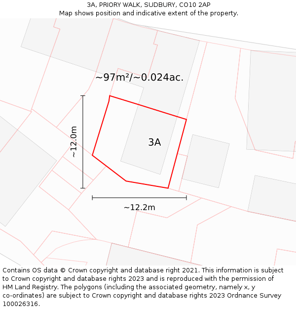 3A, PRIORY WALK, SUDBURY, CO10 2AP: Plot and title map