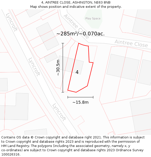4, AINTREE CLOSE, ASHINGTON, NE63 8NB: Plot and title map