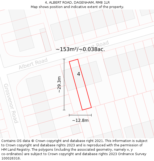 4, ALBERT ROAD, DAGENHAM, RM8 1LR: Plot and title map