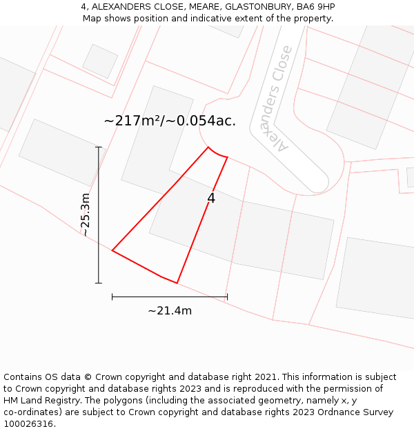 4, ALEXANDERS CLOSE, MEARE, GLASTONBURY, BA6 9HP: Plot and title map