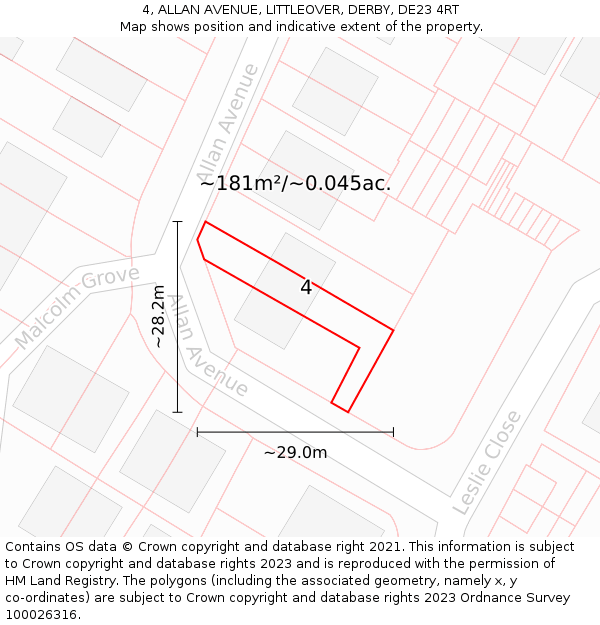 4, ALLAN AVENUE, LITTLEOVER, DERBY, DE23 4RT: Plot and title map