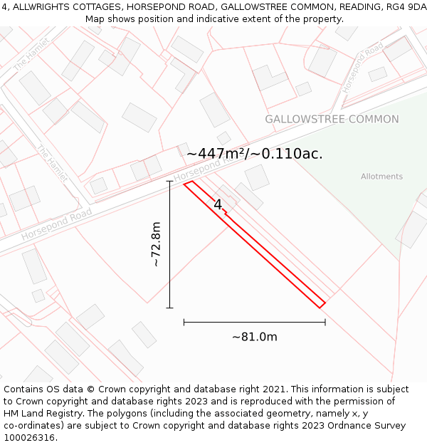 4, ALLWRIGHTS COTTAGES, HORSEPOND ROAD, GALLOWSTREE COMMON, READING, RG4 9DA: Plot and title map