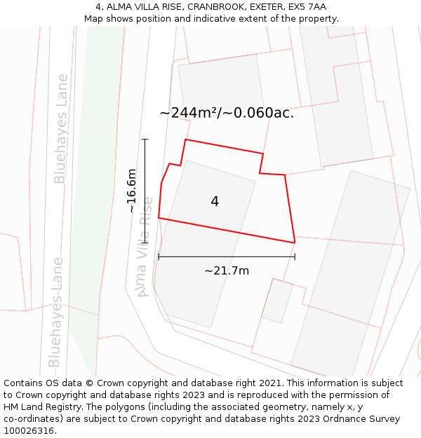 4, ALMA VILLA RISE, CRANBROOK, EXETER, EX5 7AA: Plot and title map