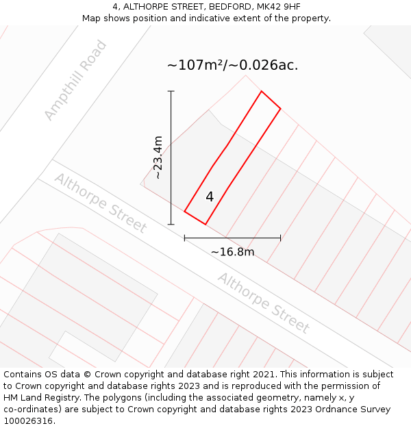 4, ALTHORPE STREET, BEDFORD, MK42 9HF: Plot and title map