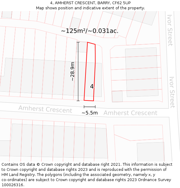 4, AMHERST CRESCENT, BARRY, CF62 5UP: Plot and title map
