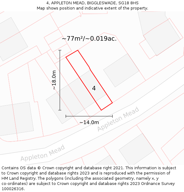 4, APPLETON MEAD, BIGGLESWADE, SG18 8HS: Plot and title map