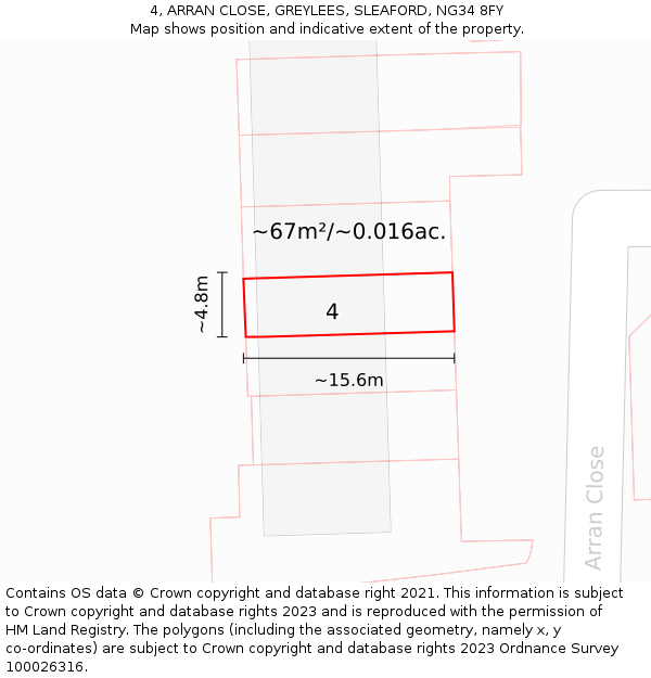 4, ARRAN CLOSE, GREYLEES, SLEAFORD, NG34 8FY: Plot and title map