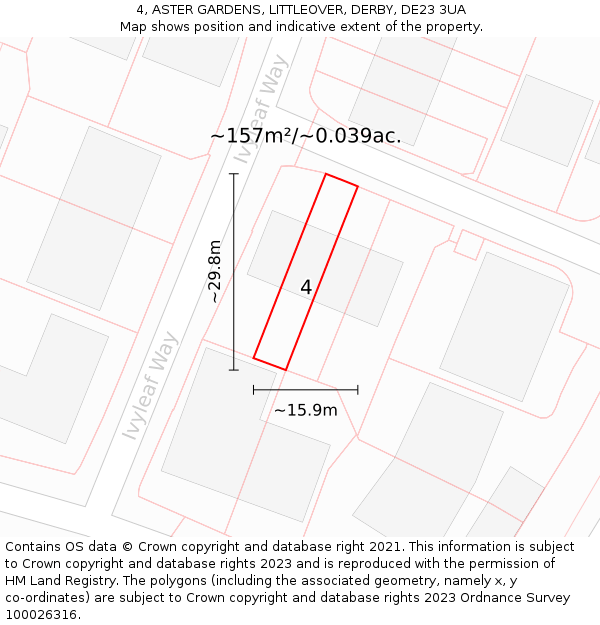 4, ASTER GARDENS, LITTLEOVER, DERBY, DE23 3UA: Plot and title map