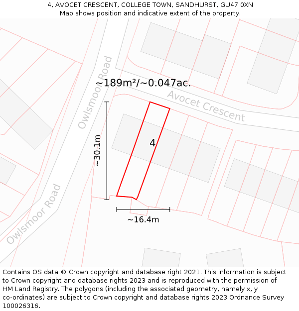 4, AVOCET CRESCENT, COLLEGE TOWN, SANDHURST, GU47 0XN: Plot and title map
