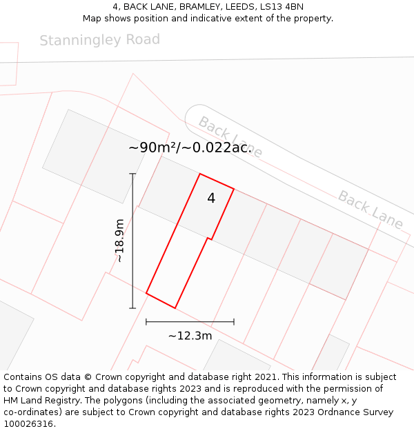 4, BACK LANE, BRAMLEY, LEEDS, LS13 4BN: Plot and title map