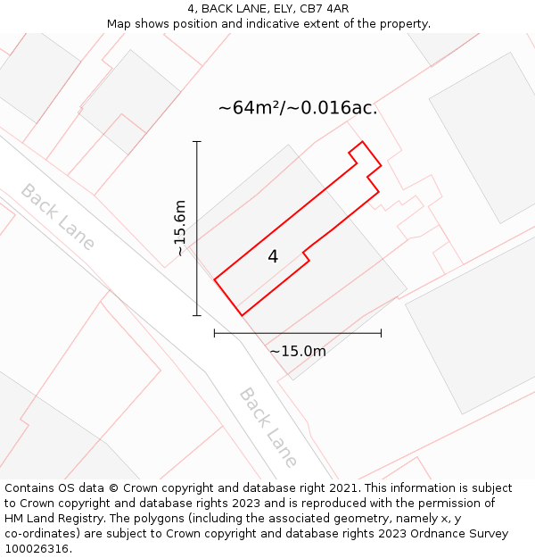 4, BACK LANE, ELY, CB7 4AR: Plot and title map