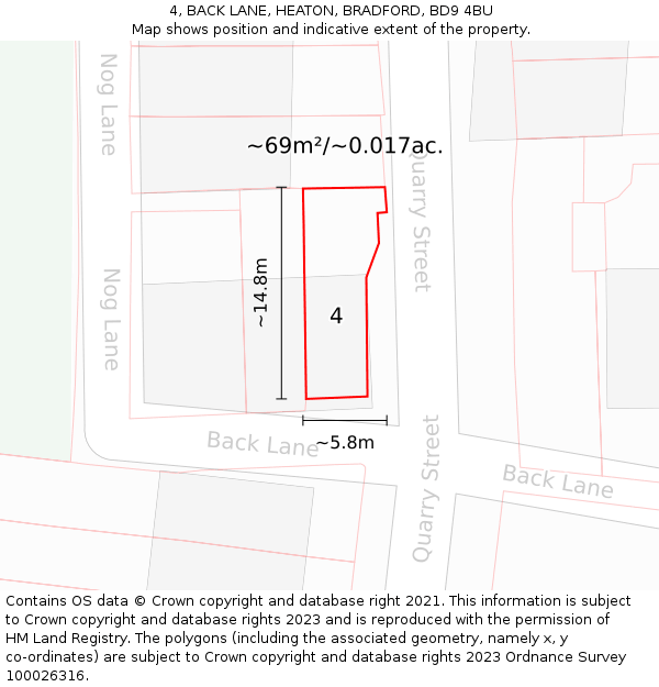 4, BACK LANE, HEATON, BRADFORD, BD9 4BU: Plot and title map