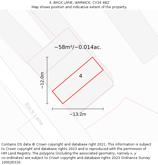 4, BACK LANE, WARWICK, CV34 4BZ: Plot and title map