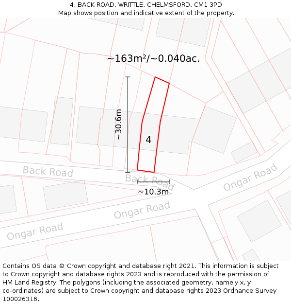 4, BACK ROAD, WRITTLE, CHELMSFORD, CM1 3PD: Plot and title map