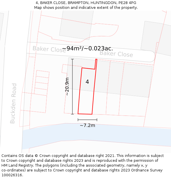 4, BAKER CLOSE, BRAMPTON, HUNTINGDON, PE28 4PG: Plot and title map