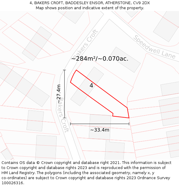 4, BAKERS CROFT, BADDESLEY ENSOR, ATHERSTONE, CV9 2DX: Plot and title map
