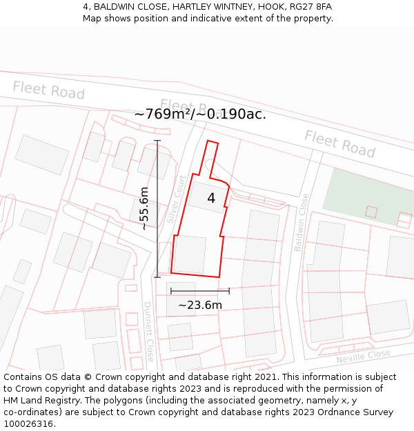4, BALDWIN CLOSE, HARTLEY WINTNEY, HOOK, RG27 8FA: Plot and title map