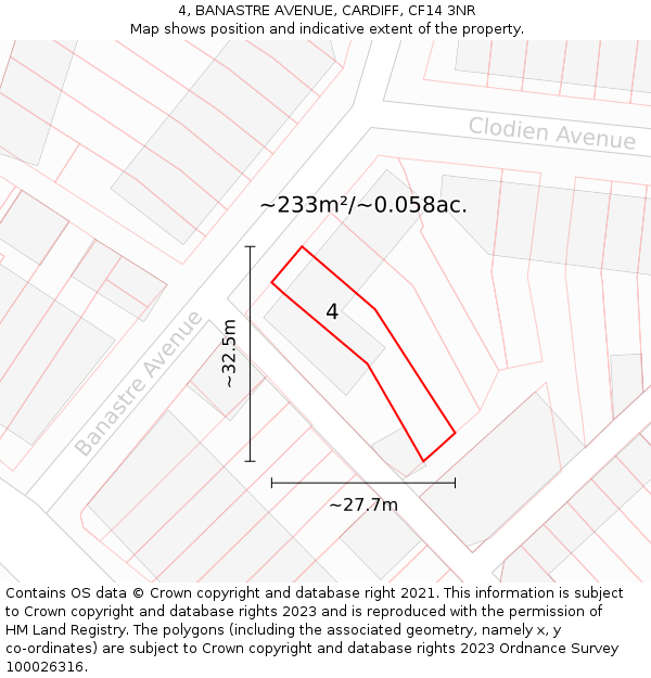 4, BANASTRE AVENUE, CARDIFF, CF14 3NR: Plot and title map