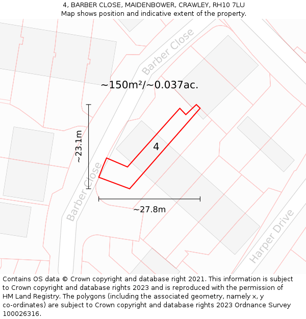 4, BARBER CLOSE, MAIDENBOWER, CRAWLEY, RH10 7LU: Plot and title map