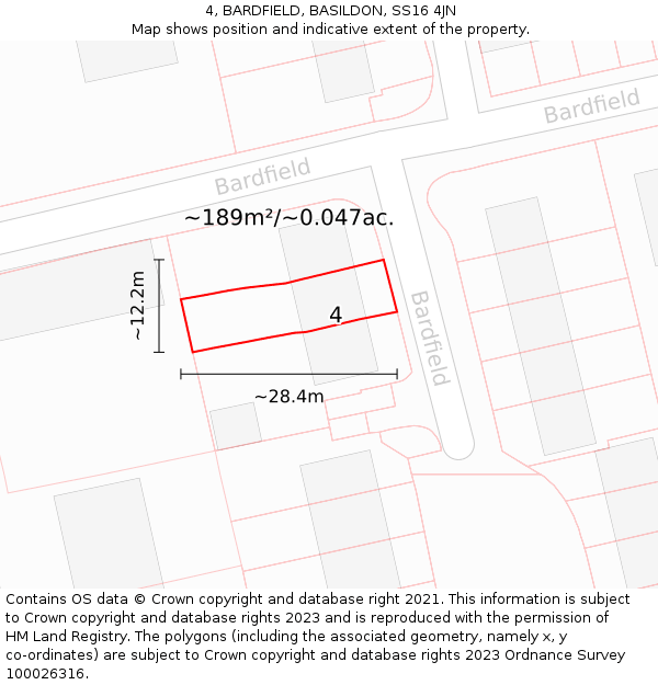 4, BARDFIELD, BASILDON, SS16 4JN: Plot and title map