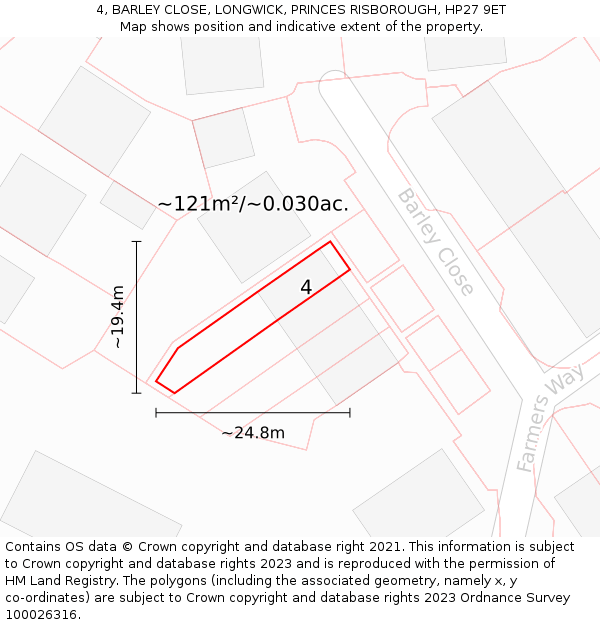4, BARLEY CLOSE, LONGWICK, PRINCES RISBOROUGH, HP27 9ET: Plot and title map