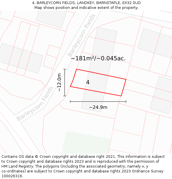 4, BARLEYCORN FIELDS, LANDKEY, BARNSTAPLE, EX32 0UD: Plot and title map