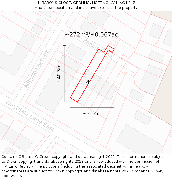 4, BARONS CLOSE, GEDLING, NOTTINGHAM, NG4 3LZ: Plot and title map
