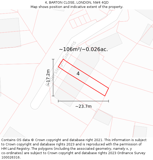 4, BARTON CLOSE, LONDON, NW4 4QD: Plot and title map