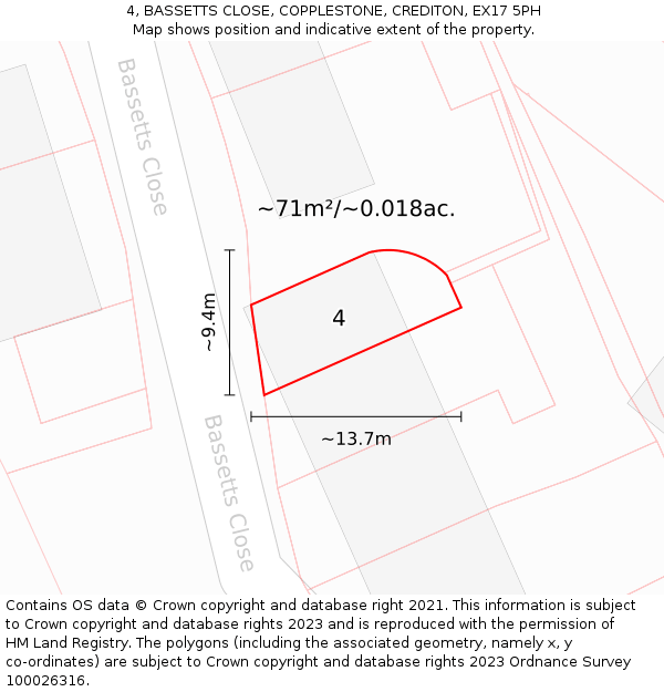4, BASSETTS CLOSE, COPPLESTONE, CREDITON, EX17 5PH: Plot and title map