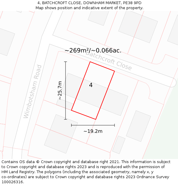4, BATCHCROFT CLOSE, DOWNHAM MARKET, PE38 9PD: Plot and title map