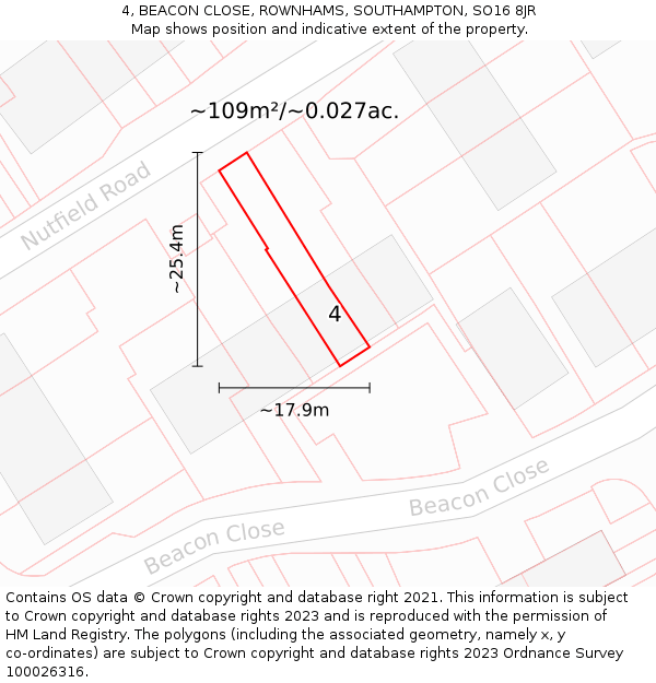 4, BEACON CLOSE, ROWNHAMS, SOUTHAMPTON, SO16 8JR: Plot and title map