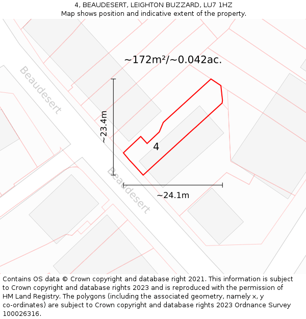 4, BEAUDESERT, LEIGHTON BUZZARD, LU7 1HZ: Plot and title map
