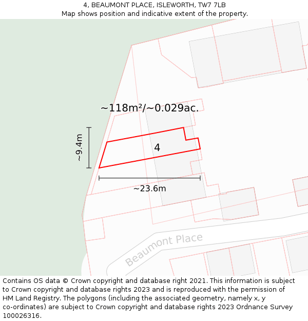 4, BEAUMONT PLACE, ISLEWORTH, TW7 7LB: Plot and title map