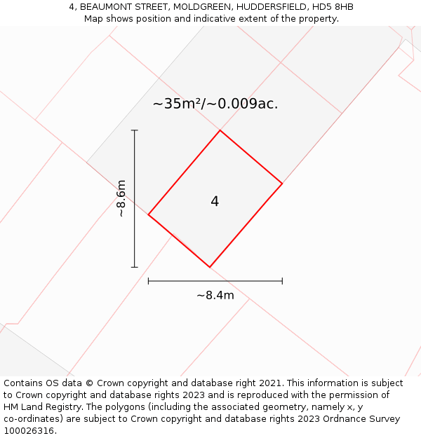 4, BEAUMONT STREET, MOLDGREEN, HUDDERSFIELD, HD5 8HB: Plot and title map