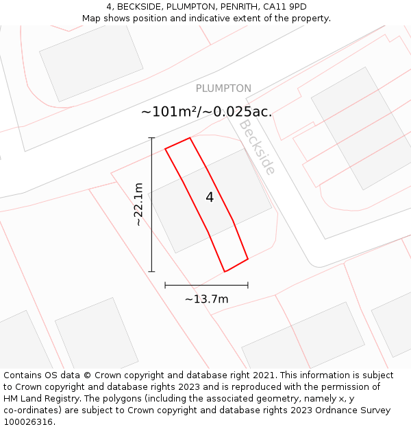 4, BECKSIDE, PLUMPTON, PENRITH, CA11 9PD: Plot and title map