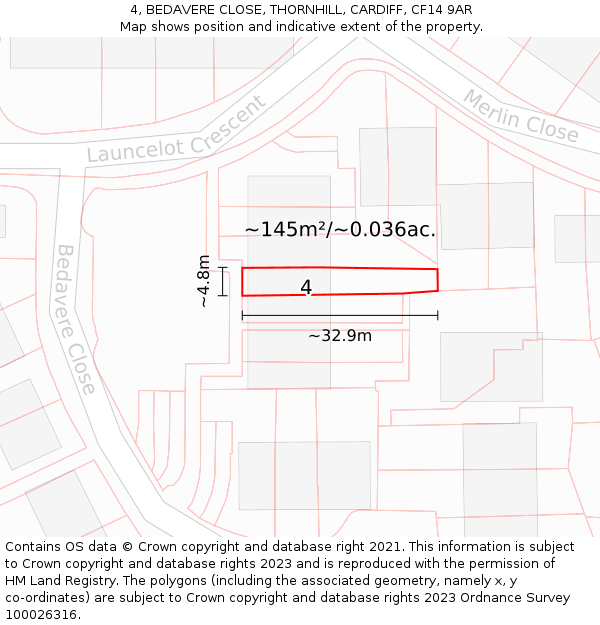 4, BEDAVERE CLOSE, THORNHILL, CARDIFF, CF14 9AR: Plot and title map