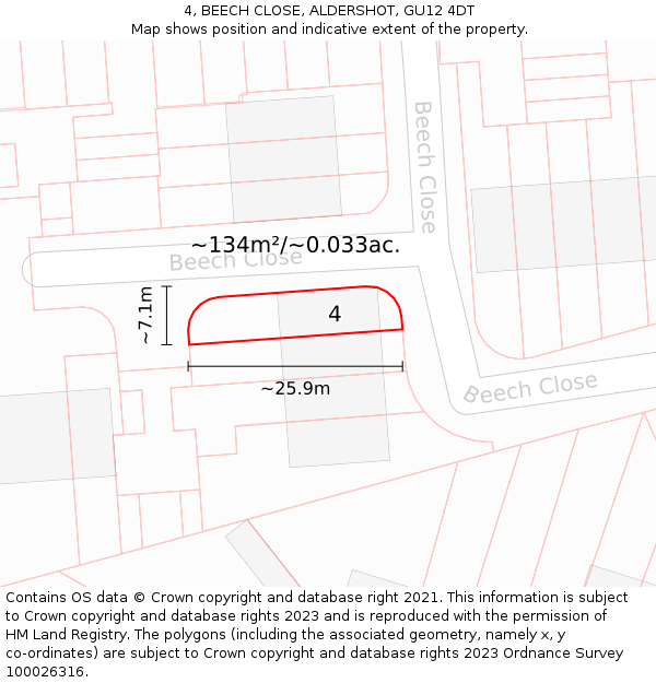 4, BEECH CLOSE, ALDERSHOT, GU12 4DT: Plot and title map