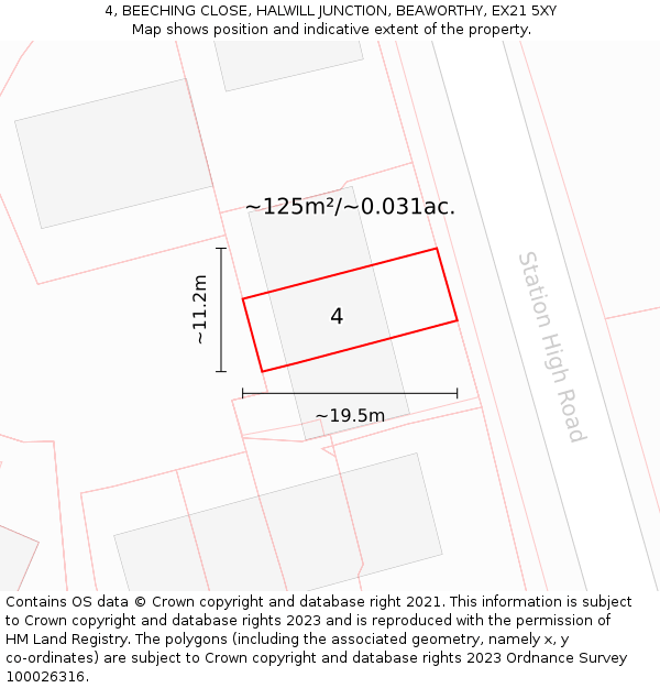 4, BEECHING CLOSE, HALWILL JUNCTION, BEAWORTHY, EX21 5XY: Plot and title map