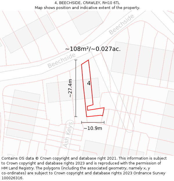 4, BEECHSIDE, CRAWLEY, RH10 6TL: Plot and title map