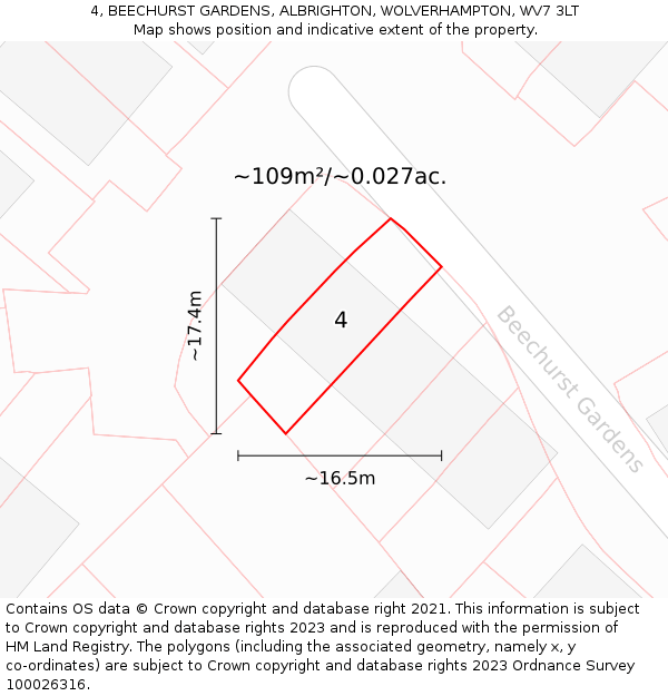 4, BEECHURST GARDENS, ALBRIGHTON, WOLVERHAMPTON, WV7 3LT: Plot and title map