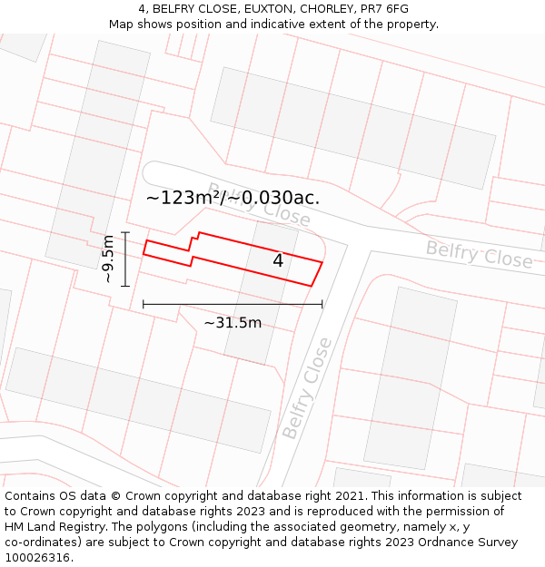 4, BELFRY CLOSE, EUXTON, CHORLEY, PR7 6FG: Plot and title map
