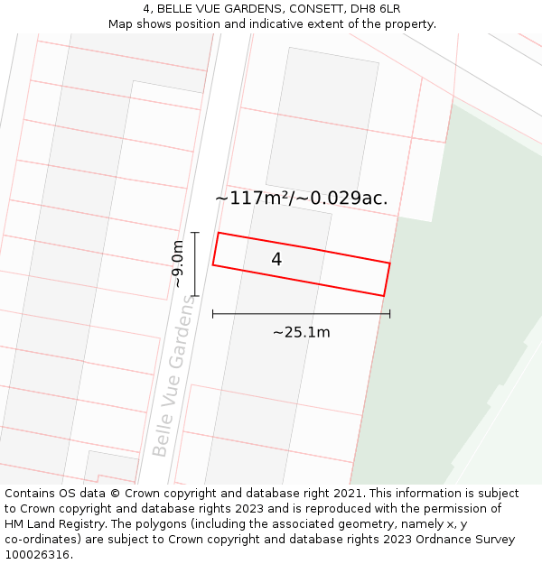 4, BELLE VUE GARDENS, CONSETT, DH8 6LR: Plot and title map