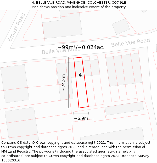 4, BELLE VUE ROAD, WIVENHOE, COLCHESTER, CO7 9LE: Plot and title map